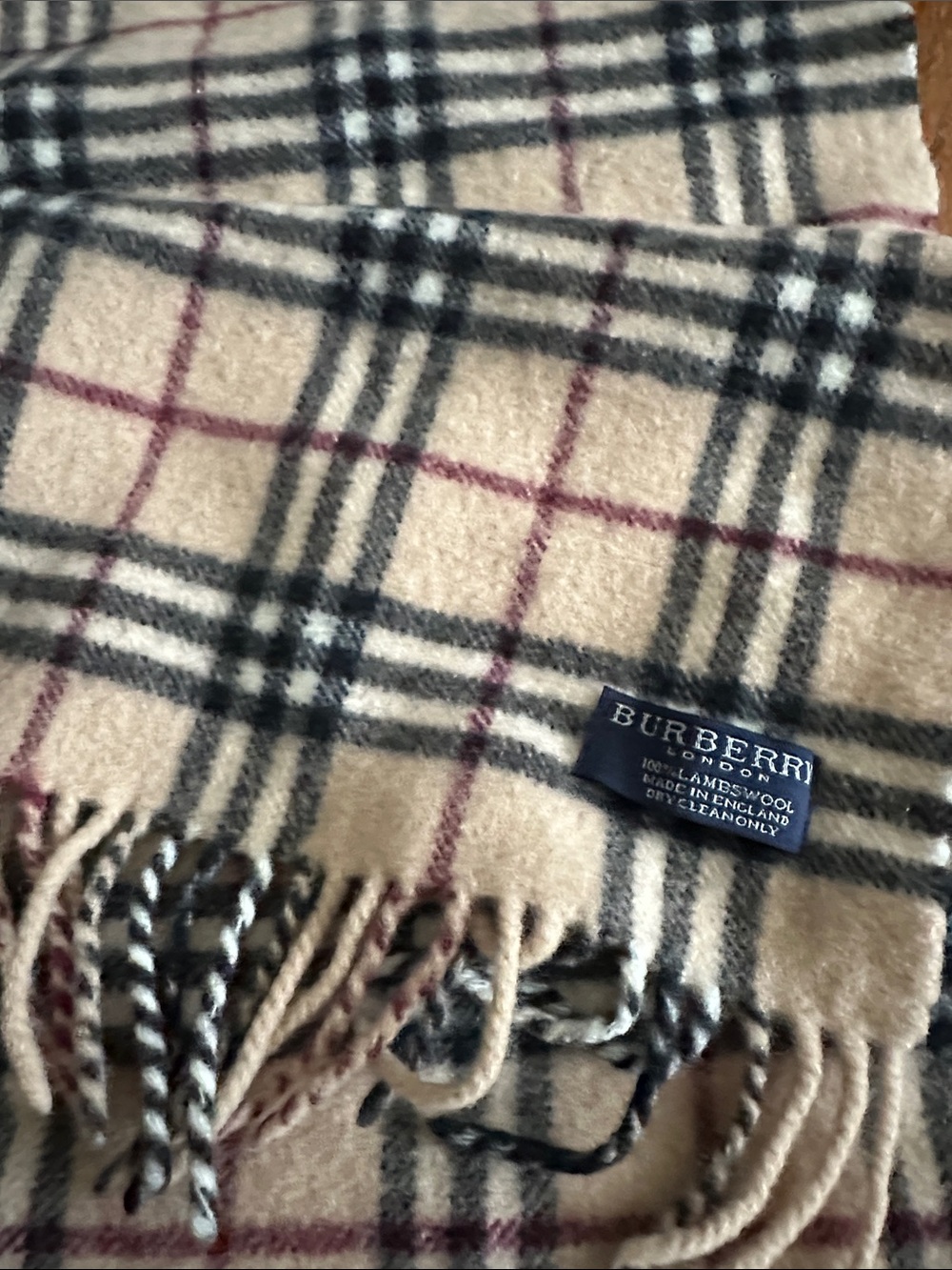 Burberry Tan Plaid Wool Scarf with Black and Red Stripes